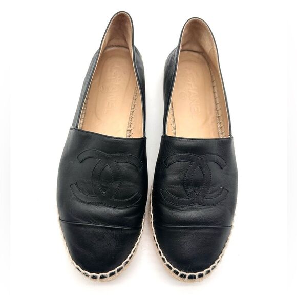 Chanel CC Lambskin Leather Espadrilles Cap Toe Black Slip On Flats EU 39 US8-8.5 - Picture 4 of 8